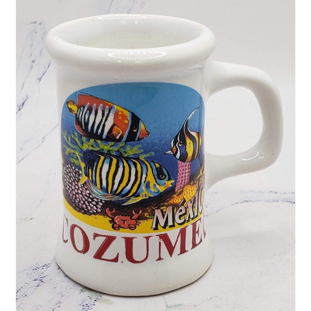 Cozumel Mexico Souvenir Miniature White Ocean Fish Ceramic Toothpick Holder Mug